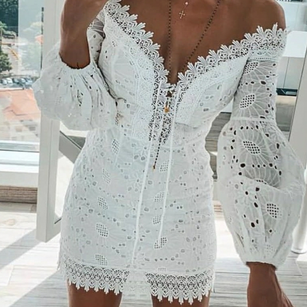 White Eyelet Off the Shoulder Mini Dress